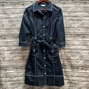 M St John Sport dark blue denim trench 3/4 sleeve button down tie dress